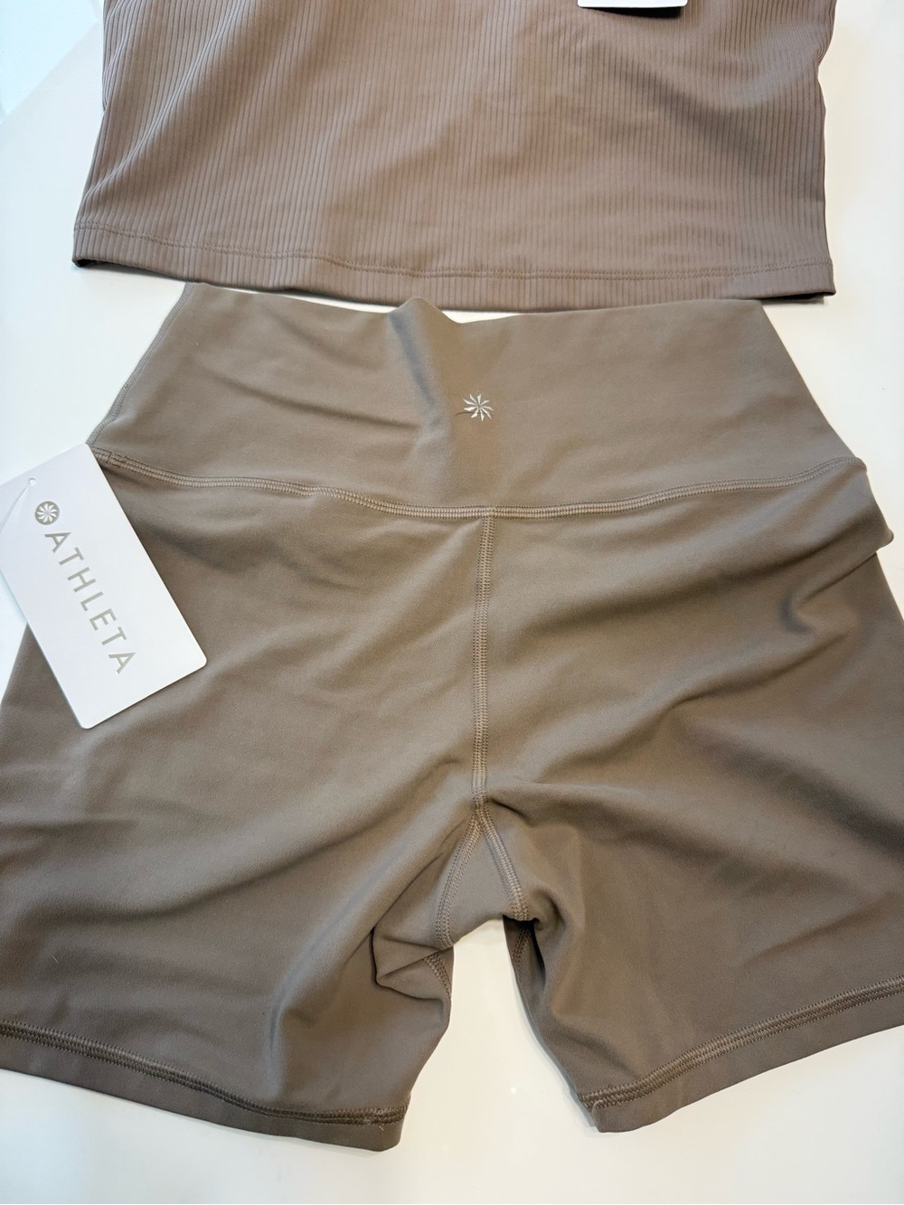 Athleta Ribbed V-Neck Crop Top & High-Waist Bike Shorts Set - Taupe Brown - Picture 3 of 4